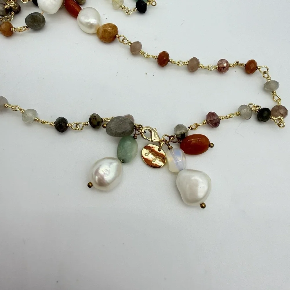 HSN Joya 925 Freshwater Pearl & Gemstone Necklace Flapper 62 Inches Layering‎